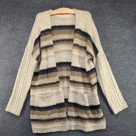 Knox Rose Women's Open Front Cardigan Knit Sweater Multi Large Striped Pockets - Picture 2 of 12